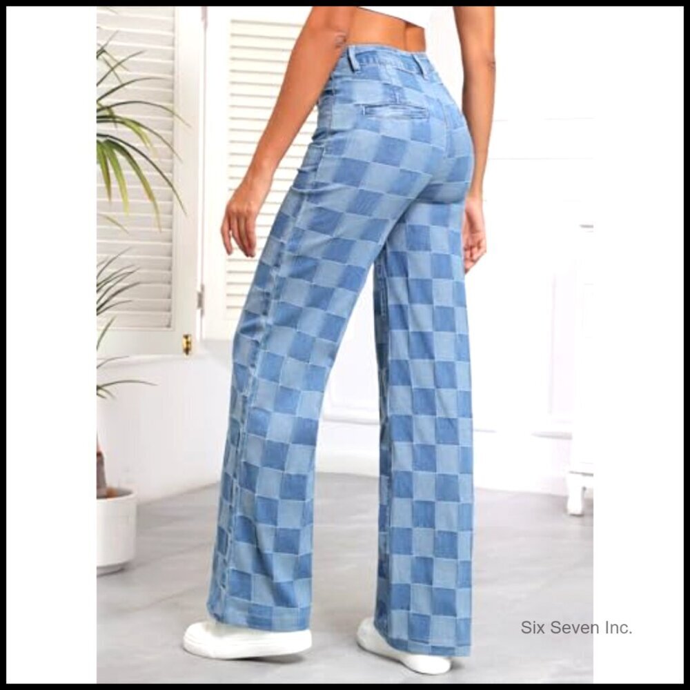 Wide Leg Jeans High Waisted Stretchy Straight Leg Checkered Loose Denim Pants - Picture 4 of 7